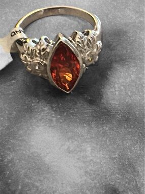 Rhodium, electro plated Silver Ring with Marquise Orange Gemstone